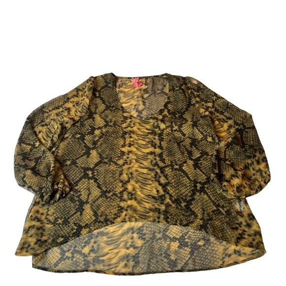 ASO Sheer V Neck Yellow Black Curved Hem Snakeprint Blouse byEightyEight Size S - Picture 2 of 14